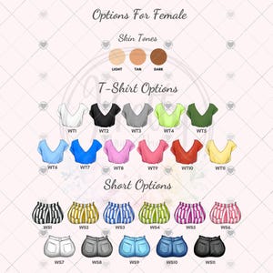 a women's crop top with different colors and sizes