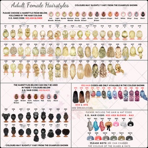 May include: A chart displaying various adult female hairstyles, each numbered and categorized by hair color, including blonde, brown, and black. The image also includes examples of dreadlocks and a selection of hats, with codes for customization.