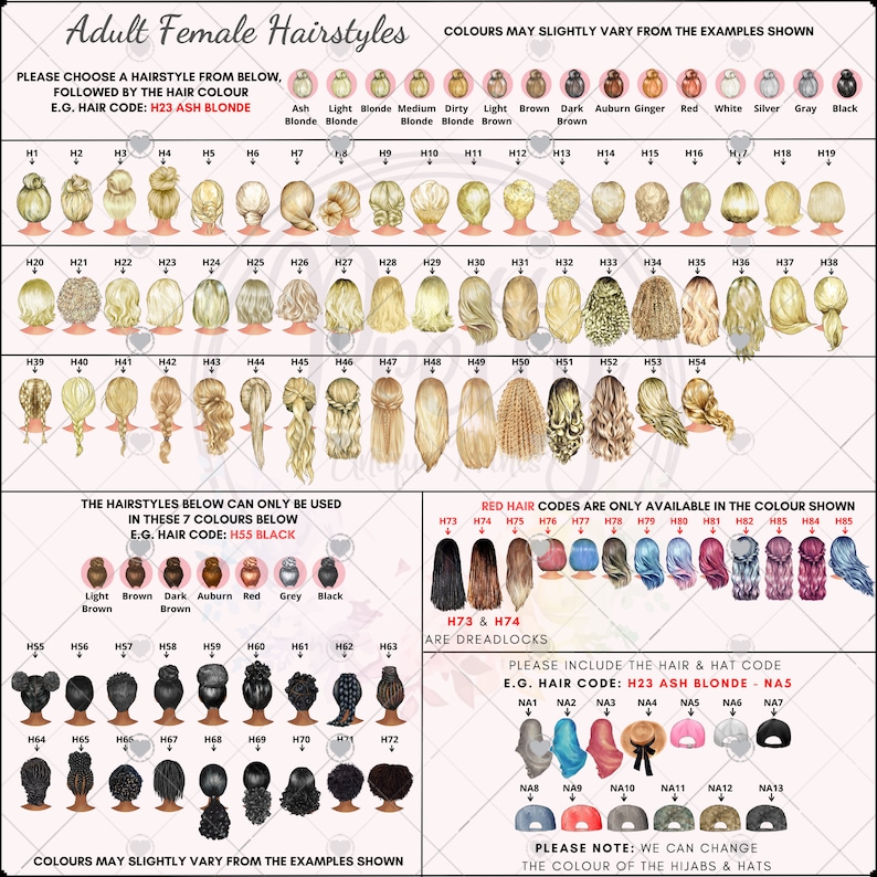 May include: A chart displaying various adult female hairstyles, each numbered and categorized by hair color, including blonde, brown, and black. The image also includes examples of dreadlocks and a selection of hats, with codes for customization.