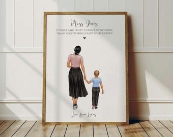 May include: Framed print featuring an illustration of a woman and child walking together. The woman wears a pink top and black skirt, the child a blue shirt and black pants. Text reads "Miss Jones" and "Love from Lucas."
