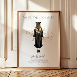 May include: A framed graduation print. The illustration shows a graduate in a black gown and cap, holding a champagne glass and a diploma. The text reads "She believed she could, so she did" and includes the graduate's name, university, degree, and the year 2025.