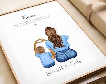Könnte beinhalten: Gerahmter Kunstdruck mit einer Illustration einer Tante und eines Kindes in blauer Kleidung. Der Text lautet: „Tante, für die Welt bist du eine Tante, aber für mich bist du die Welt.“ Signiert mit „Lucas & Auntie Carly“.