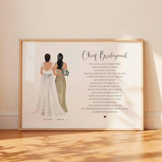 Gift for Chief Bridesmaid on My Wedding Day, Bridesmaid Gift From Bride, Personalised Bride and Bridesmaid Print, Maid of Honour Gift