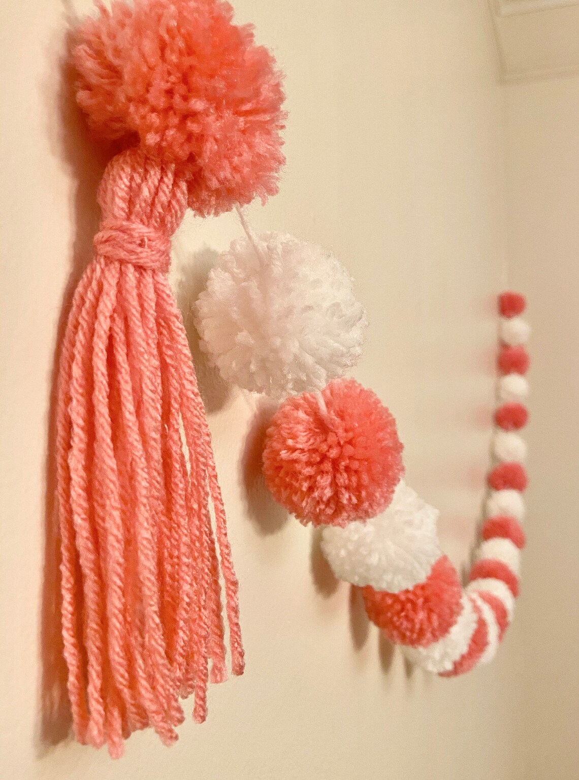 Pink and White Pom Pom Garland With Tassels 5 Ft. 21 Poms Etsy