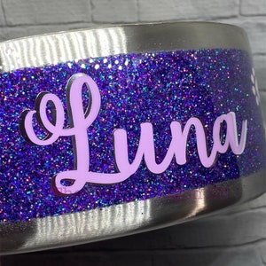 Customizable Dog Bowl Cat Bowl - Purple and Lavender with Holographic Paw Prints