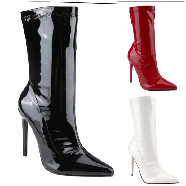 Women's Patent Leather PU Mid-Calf Stilettos Pointy Toe Black Red White Boots