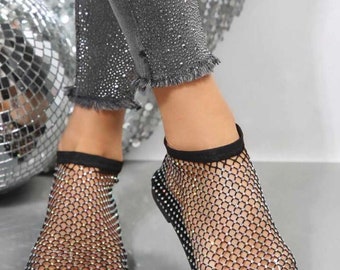 Elegant Women's Fishnet Bling Mesh Crystal Embellished  Rhinestone Ballet Flat Bling Shiny Loafer Sandals Casual Glamour