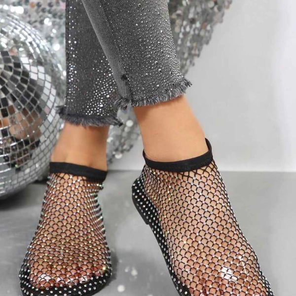 Elegant Women's Fishnet Bling Mesh Crystal Embellished  Rhinestone Ballet Flat Bling Shiny Loafer Sandals Casual Glamour