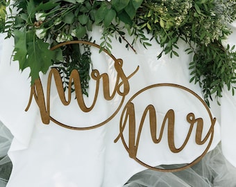 Wedding Chair Signs, Wooden Mr and Mrs Signs, Bride and Groom Chair Signs, Copper Stand Welcome Sign Wedding laser cut sign, His and hers