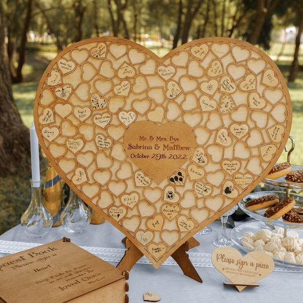 Alternative Wedding Guest Books, Personalized Wood Heart Guestbook Puzzle, Custom Heart Shaped Guest Book Wood Puzzle