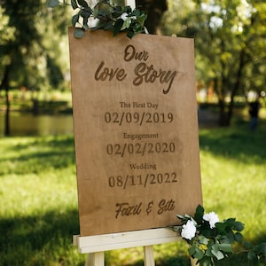 Signe de mariage en bois, notre signe de mariage d'histoire d'amour, premier jour oui jour meilleur jour carte, signe de mariage de bienvenue bois 3d