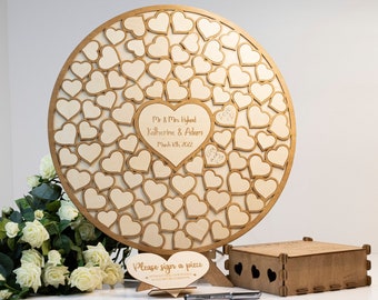 Round Alternative Wedding Guest Book, Drop Heart GuestBook Idea, Personalized, Wood, Handmade, Circle - DoAWedding