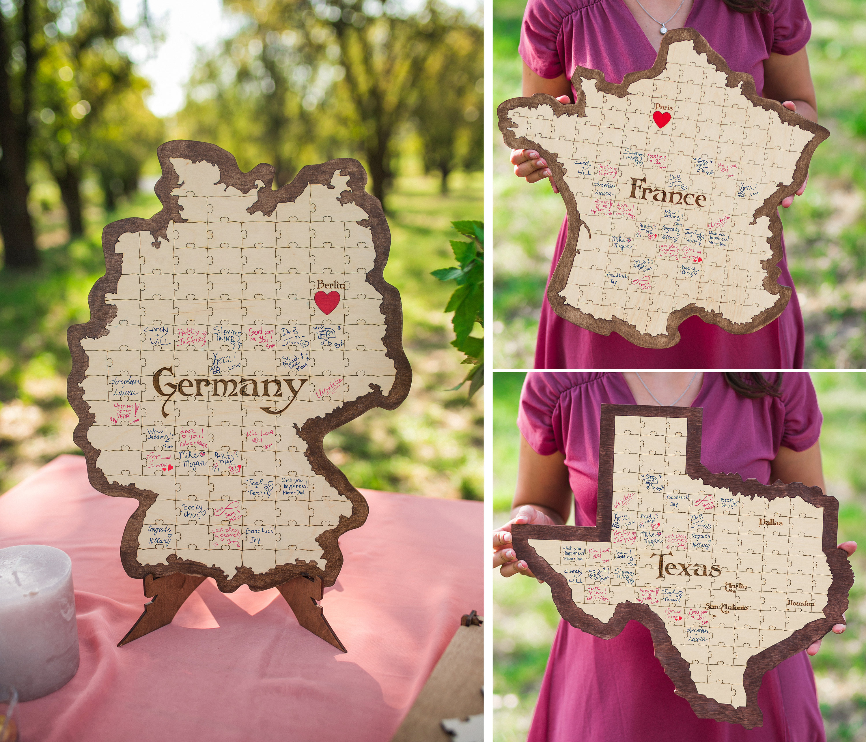 Wedding guest book map Germany, France Map Wooden puzzle Map engagement gift
