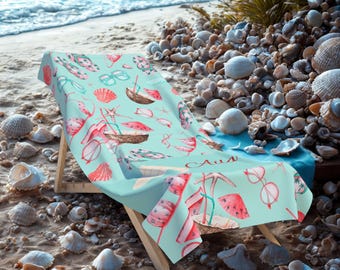 Toalla de playa con diseño de conchas marinas y gafas de sol / Opción de personalización con nombre