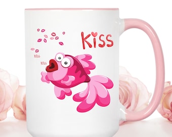 Pink fish with open mouth and kiss Accent Coffee Mug, fish Mug, Marine Mug, Cute Mug, cup