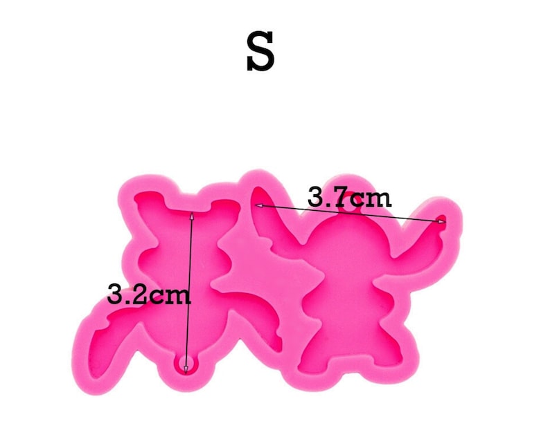 May include: Pink silicone mold for making two small Stitch figures. The mold measures 3.7 inches by 3.2 inches.