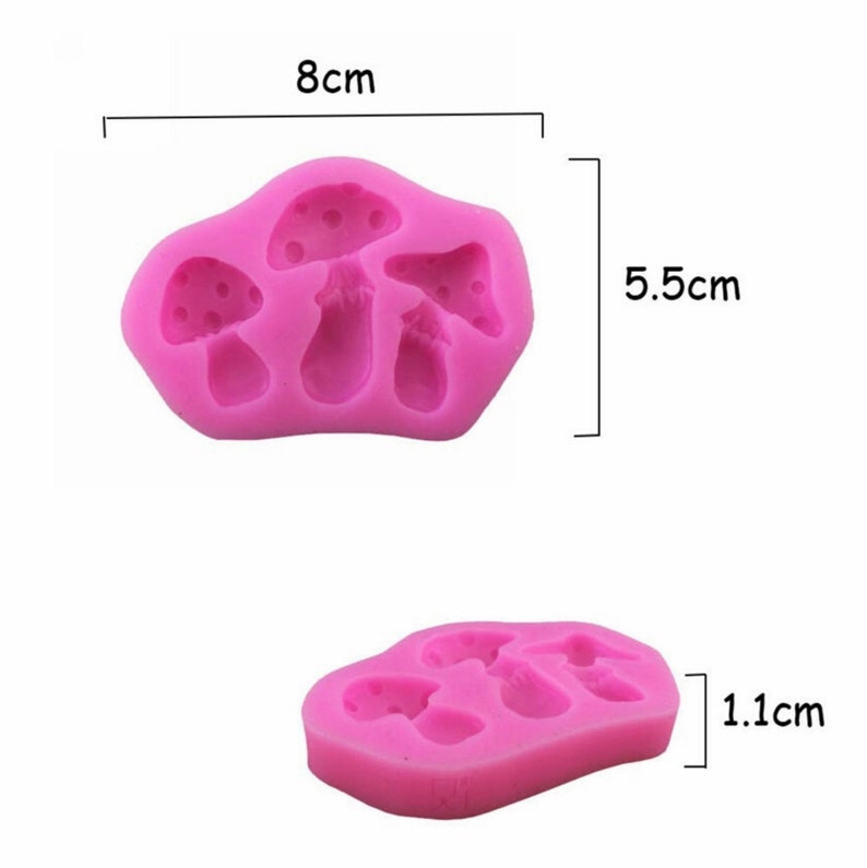 May include: Pink silicone mold for making mushroom-shaped treats. The mold is 8 cm wide and 5.5 cm tall. It has four cavities, each measuring 1.1 cm in diameter.