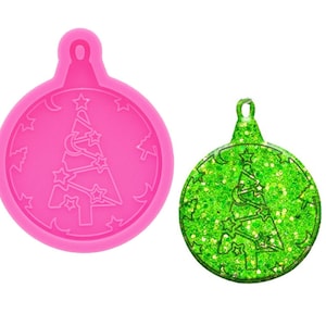 Ornament Round Shape with Tree Pattern Keychain Resin Molds Silicone Resin Mold Key Ring Pendant Mold Christmas Tree Ornament Resin Molds