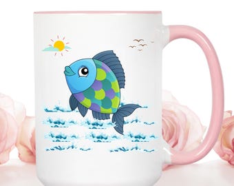 Fish with a sun and birds in the sky above water Accent Coffee Mug, Fish Mug, sun Mug, birds Mug, Marine Mug, Coffee Mug, cute Mug