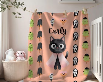 Cobertor de pelúcia de veludo com estampa de gato fofo, cobertor personalizado, decoração de Halloween, presente aconchegante, acessório para quarto infantil, presente para quem ama animais de estimação