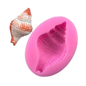 May include: A detailed seashell and a pink silicone mold in the shape of a seashell. The seashell is white with orange and brown accents. The mold is oval-shaped and features a detailed seashell impression.