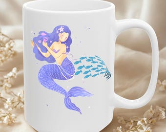 La sirena e il suo banco di pesci Tazza da caffè in ceramica, tazza da caffè, tazza da pesce, tazza da sirena, tazza marina