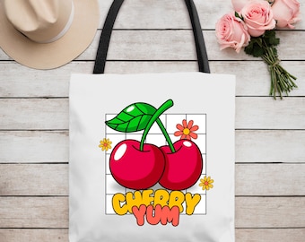 Cherry Yum Tote Bag, Fun Cherry Print, Canvas Shopping Bag, Summer Accessory, Gift for Fruit Lovers, Eco-Friendly Tote