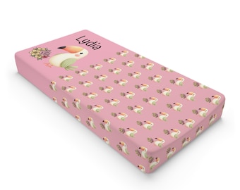 Peach Bird Pattern Baby Changing Pad Cover | Pink Floral Nursery