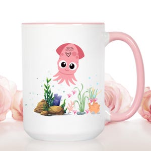 Tazza da caffè con motivo a calamaro rosa con accenti d&#39;amore, tazza marina, tazza carina, tazza da caffè, tazza a forma di calamaro