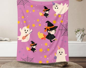 Cute Halloween Velveteen Plush Blanket, Cozy Throw for Fall Decor, Spooky Gifts, Witch and Ghost Design, Kid's Room Comfort