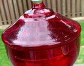 Vintage Mid Century Red Clear Glass Apothecary Jar, Hand Blown Red Art Glass, Christmas Candy Dish, Poison Jar, Mother s Day Gift