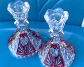 Vintage Anne Hutte GERMAN Pair Ruby Red Flash Candle Holders 24 Lead Crystal BLEIKRISTALL , Mother s Day Gift