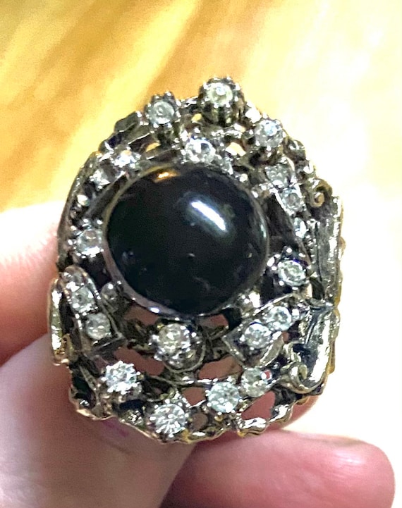 Vintage ART Ring Circular Onyx Rhinestone Faux, 19