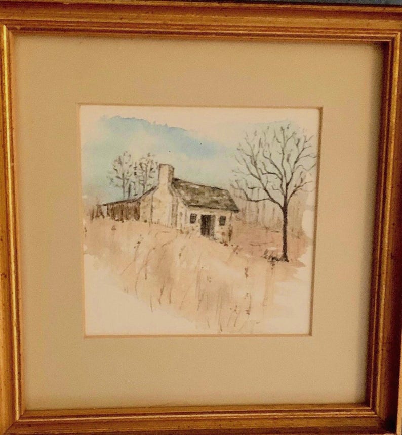 Vintage Water Color of Winter Country Barn Signed Painting With Wooden ...