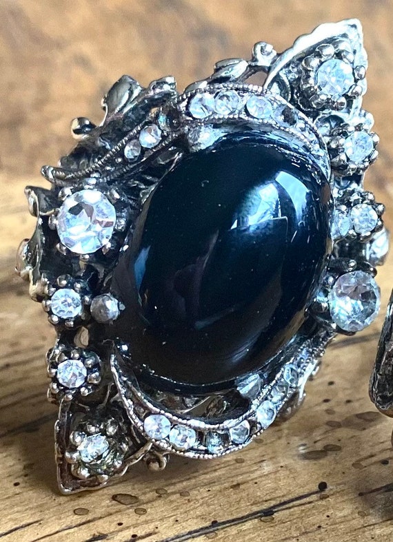 Gothic 1960\u2019s Encrusted Cocktail Ring Vintage Signed ART Circular Onyx Rhinestone Faux Silver Toned Metal Brutalist Adjustable Size