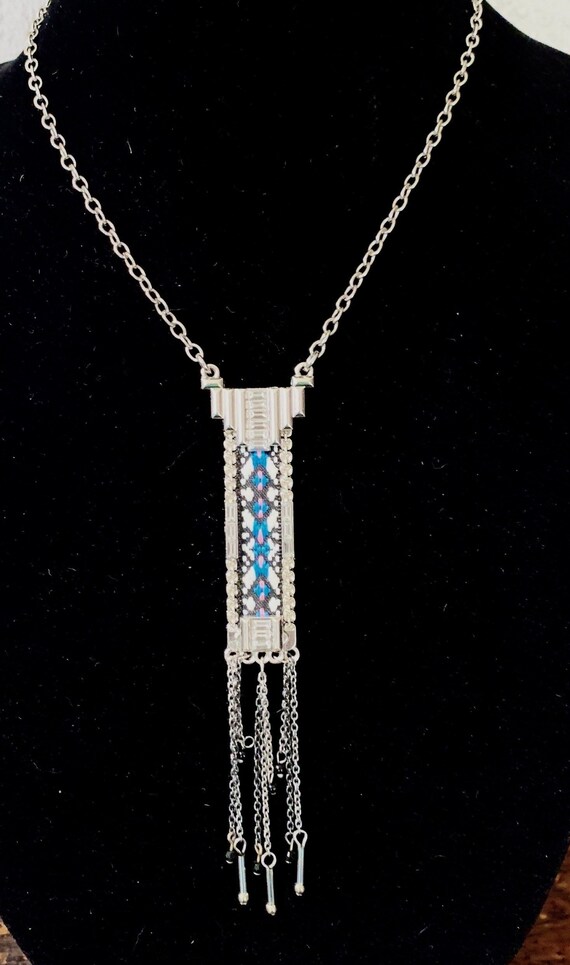 Vintage Silver Toned Necklace Blue Cross Stitched Pendent - Etsy