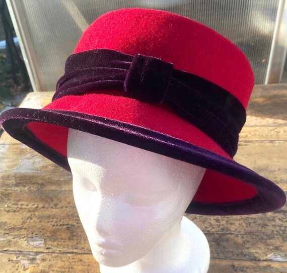 Vintage Wool Red Winter Hat With Purple Crush Vel… - image 2
