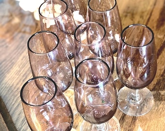 Vintage Plum/Amethyst Stemmed Wine Champagne Glass Set Of EIGHT With Clear Stem Base, Light Purple Wine Glasses, Wedding Bridal Glassware