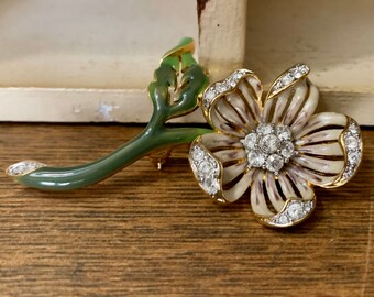 Vintage Nolan Miller Brooch/Pin With Rhinestone White Enameled Flower Signed, White/Green Rhinestone Floral Pin Gold Toned, Mother’s Day