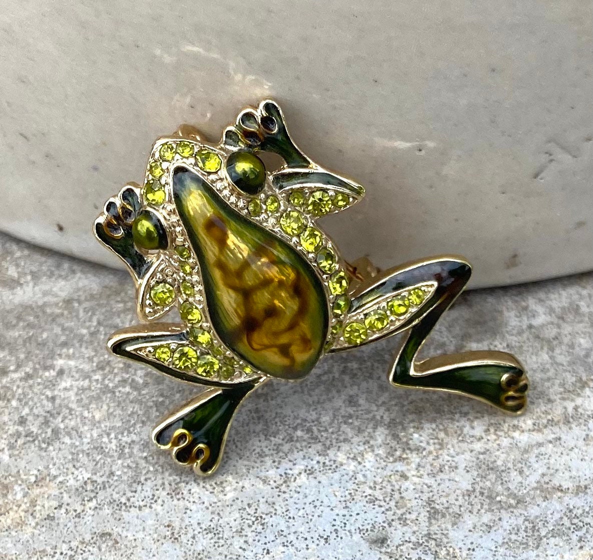Vintage Frog Brooch/Pin Rhinestone & Green Enamel Leaping FROG Etsy