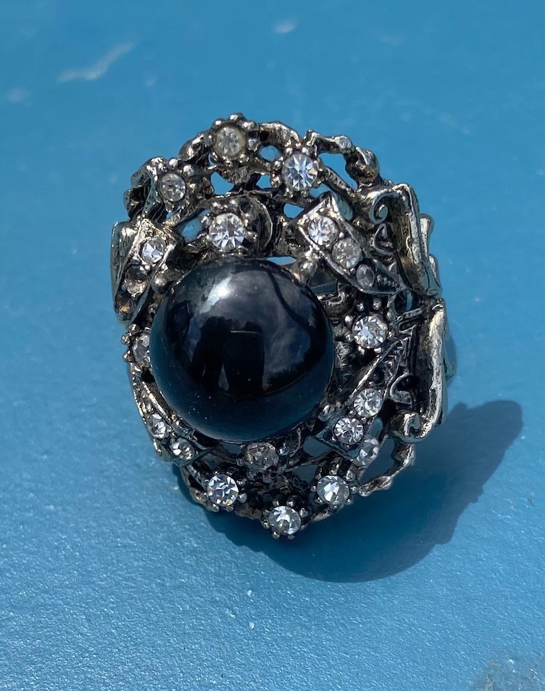 Gothic 1960\u2019s Encrusted Cocktail Ring Vintage Signed ART Circular Onyx Rhinestone Faux Silver Toned Metal Brutalist Adjustable Size