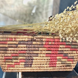 Vintage Rectangular Authentic Basket Large Hand Woven Rattan Design Art Purple, Pink, Green Color, Bread Basket, Homestead, Farmhouse Decor