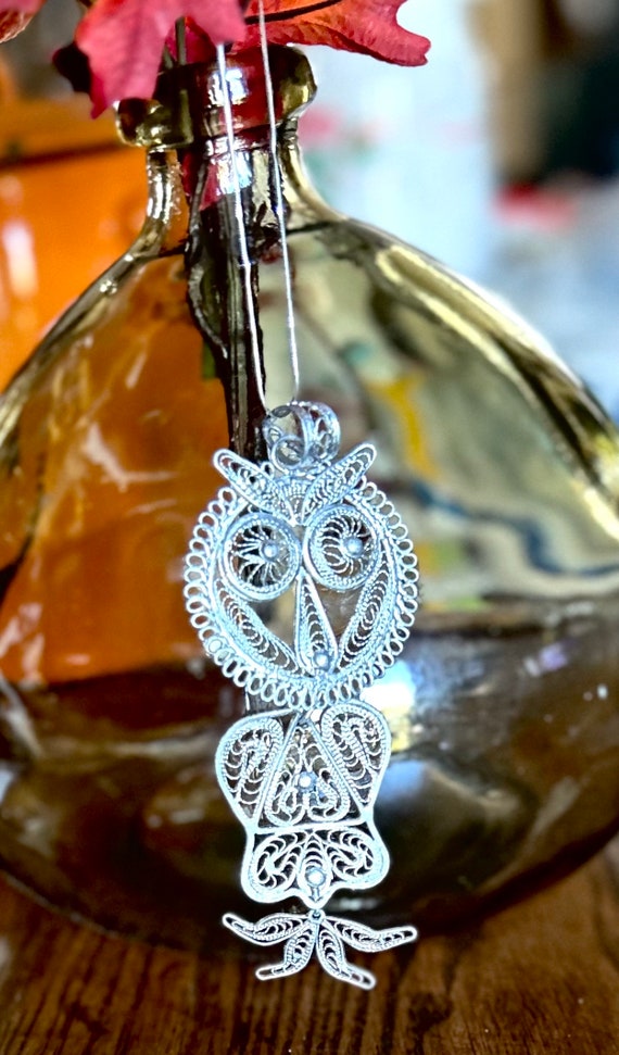 Vintage Owl Silver Filigree Large Artisan Pendant 
