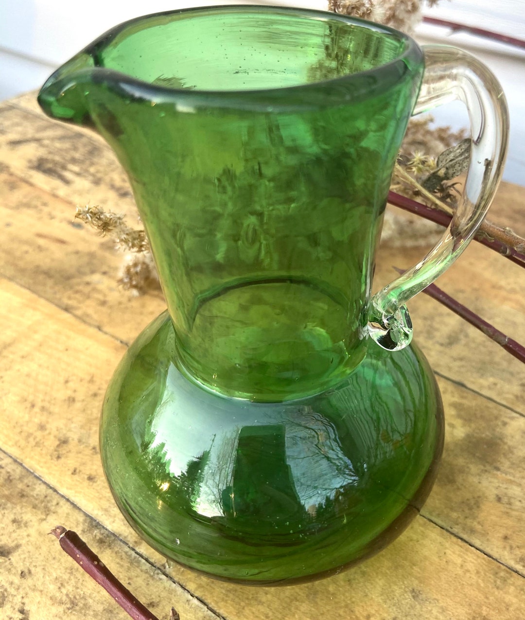 Vintage Green Glass Pitcher With Clear Handle, Christmas Holiday Green