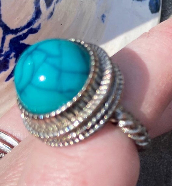 Vintage Turquoise Blue Faux With Silver Toned Met… - image 2