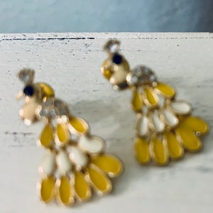 Vintage Peacock Gold White Dainty Black Rhinestone Earrings, Peacock Fashion Jewelry, Bird Gold Jewelry, Mother’s Day Gift, Christmas Gift