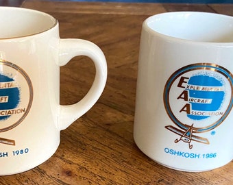 Vintage Pair Coffee Mugs Experimental Aircraft Association EAA 1980 and 1986, Mugs Gold Airplane Enthusiasts, EAA Oshkosh,Father’s Day Gift