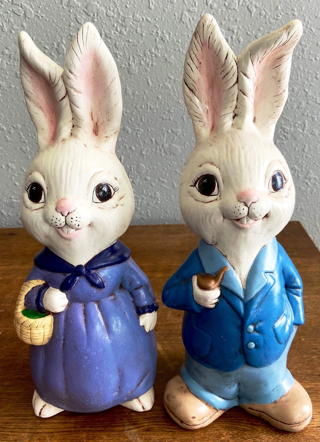 Vintage Pair Anthropomorphic Bunny Mr. and Mrs. White Spring