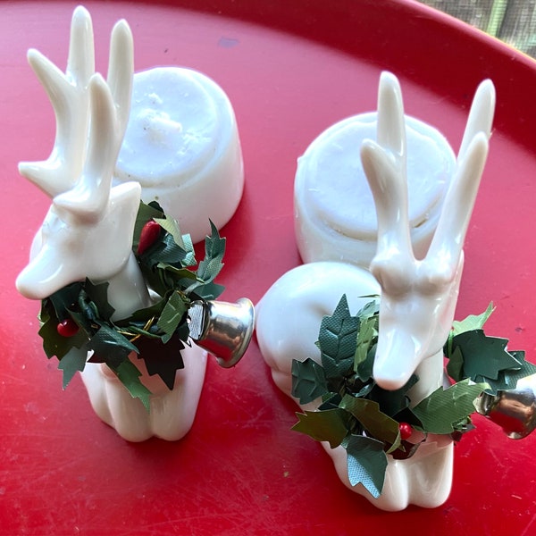 Vintage Christmas Deer Reindeer Ceramic Faux Wreath /Bell, Pair Of Delicate White Candle Holders, White Christmas, Deer Candle
