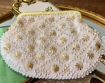 Vintage Clutch Cream Purse With Starburst Gold Starry Embellishments 1940/50s Coin Purse, Gold Starry Purse, Summer Wedding